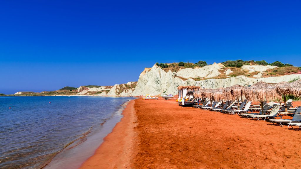 Beautiful view of Xi Beach, a beach with red sand in Kefalonia, Ionian Sea.