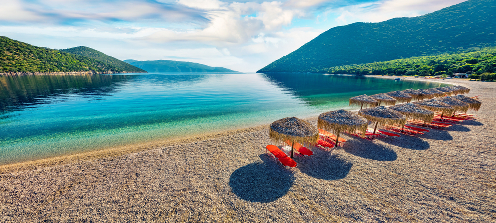 Panoramic morning view of Antisamos Beach. Bright spring seascape of Ionian Sea. Splendid outdoor scene of Kefalonia island, Sami town location, Greece, Europe. Traveling concept background - Andrew Mayovskyy / shuterstock