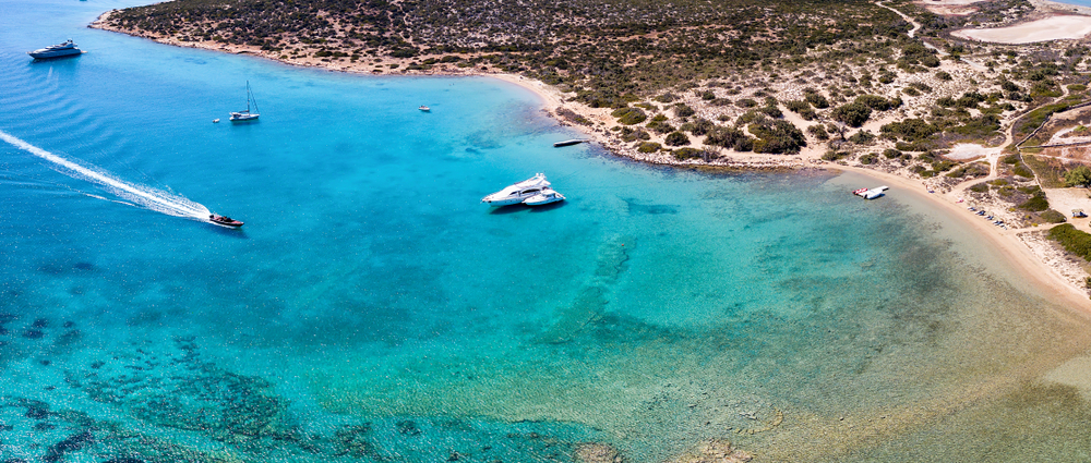 Panoramic aerial view of the pristine waters of Lageri Beach on the island of Paros, Cyclades, Greece - Sven Hansche / shuterstock